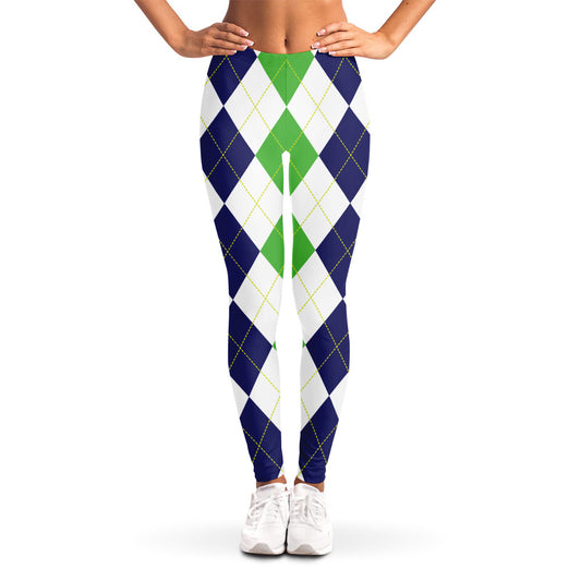 Green White And Navy Argyle Print Women's Leggings