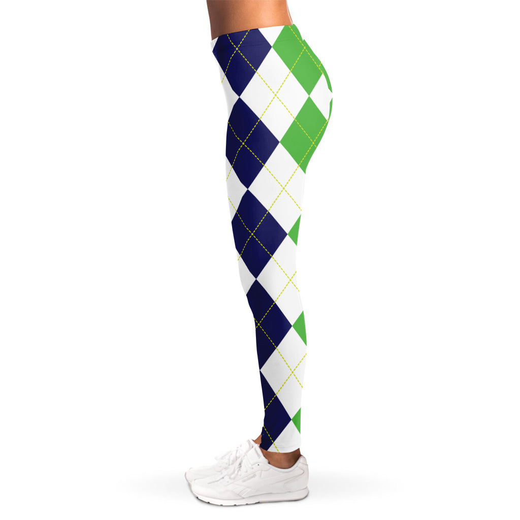 Green White And Navy Argyle Print Women's Leggings
