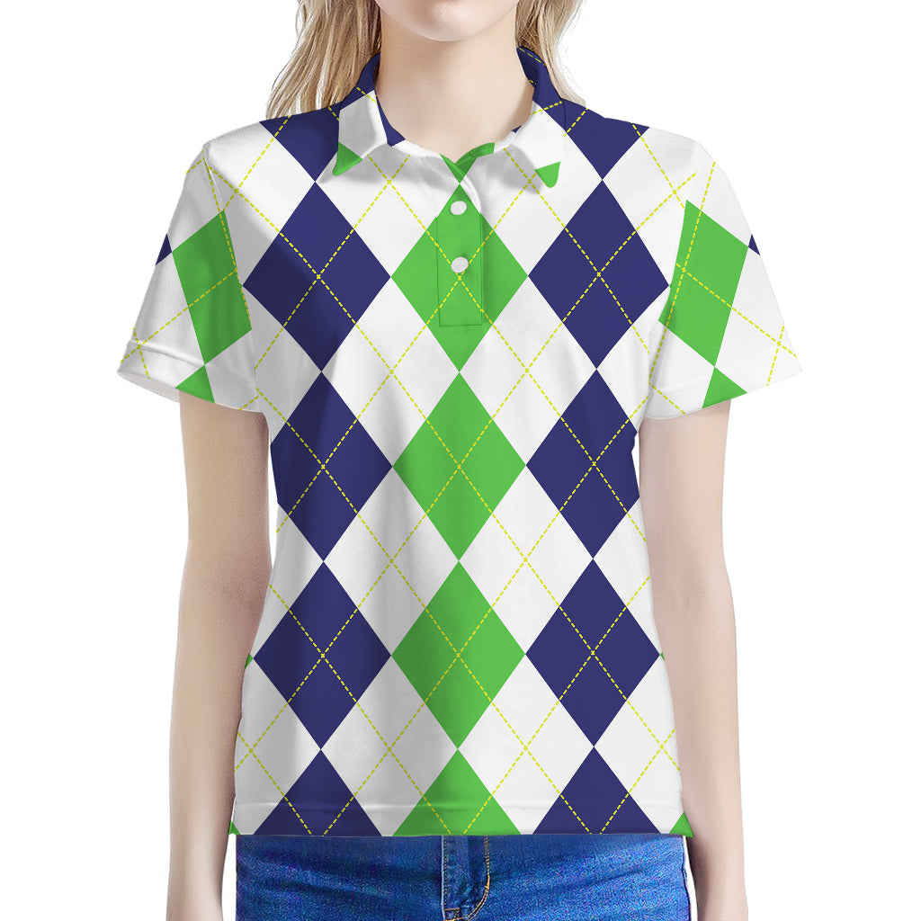 Green White And Navy Argyle Print Women's Polo Shirt