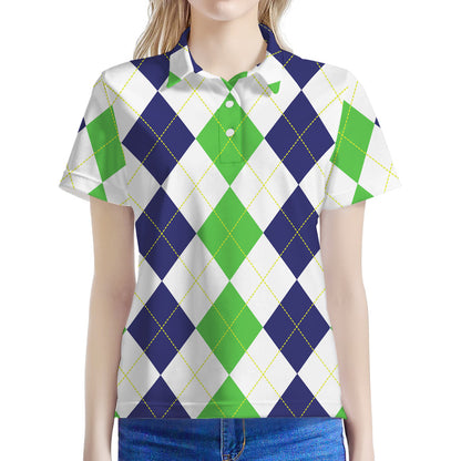Green White And Navy Argyle Print Women's Polo Shirt