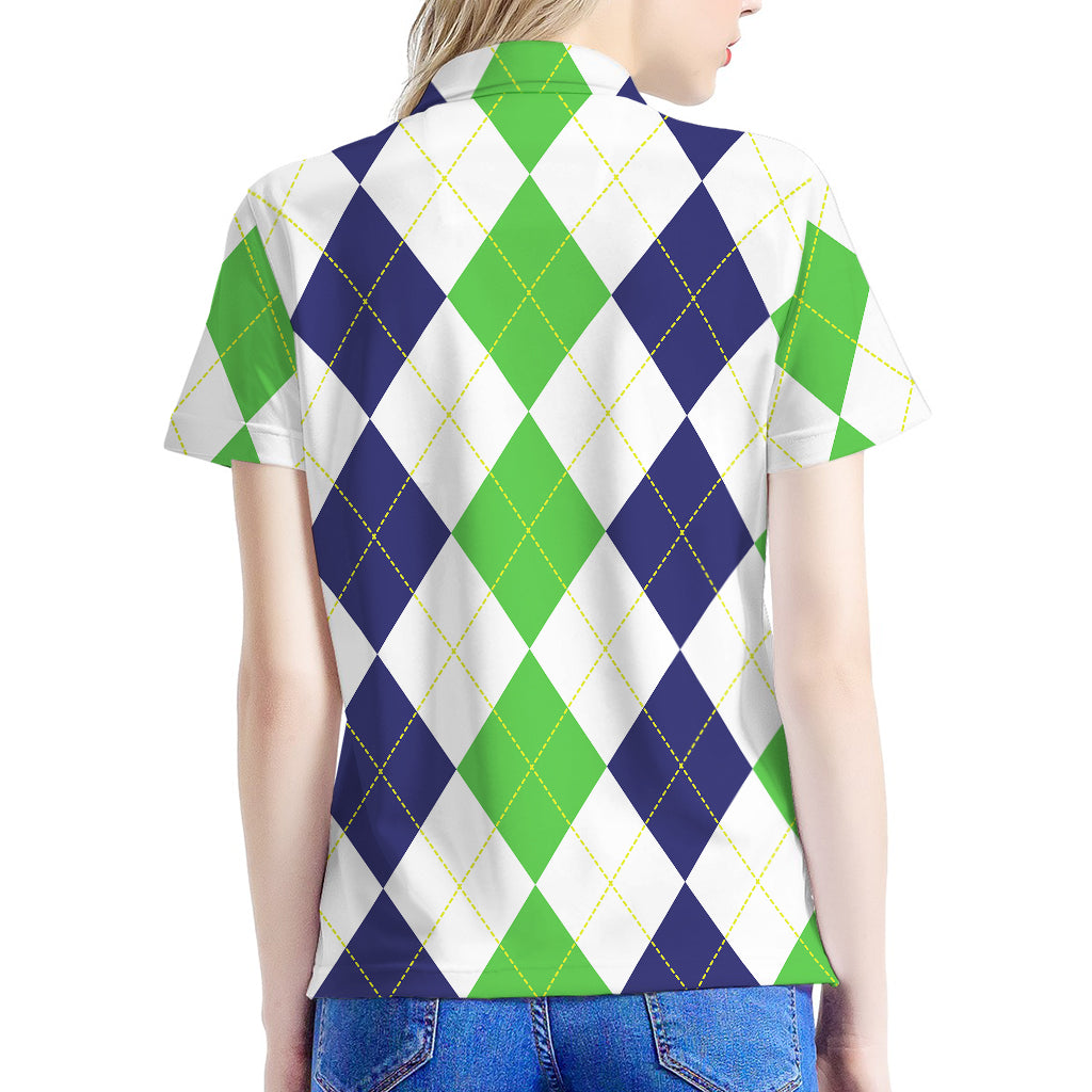 Green White And Navy Argyle Print Women's Polo Shirt