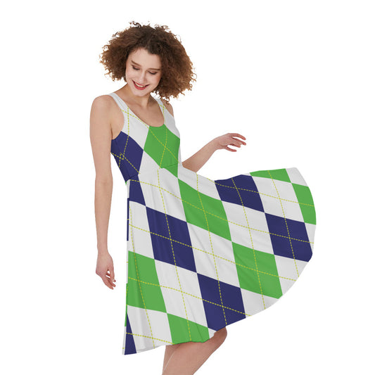 Green White And Navy Argyle Print Women's Sleeveless Dress