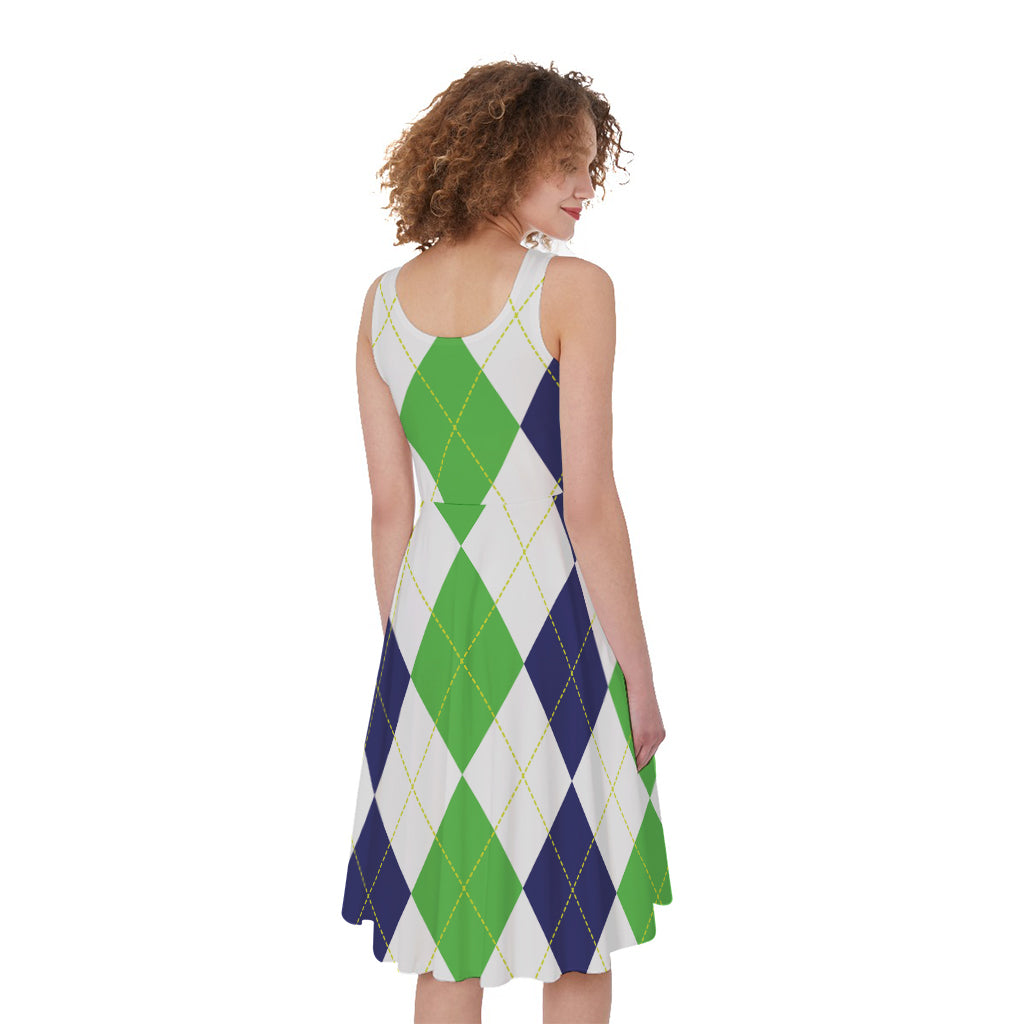 Green White And Navy Argyle Print Women's Sleeveless Dress