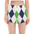 Green White And Navy Argyle Print Women's Split Running Shorts