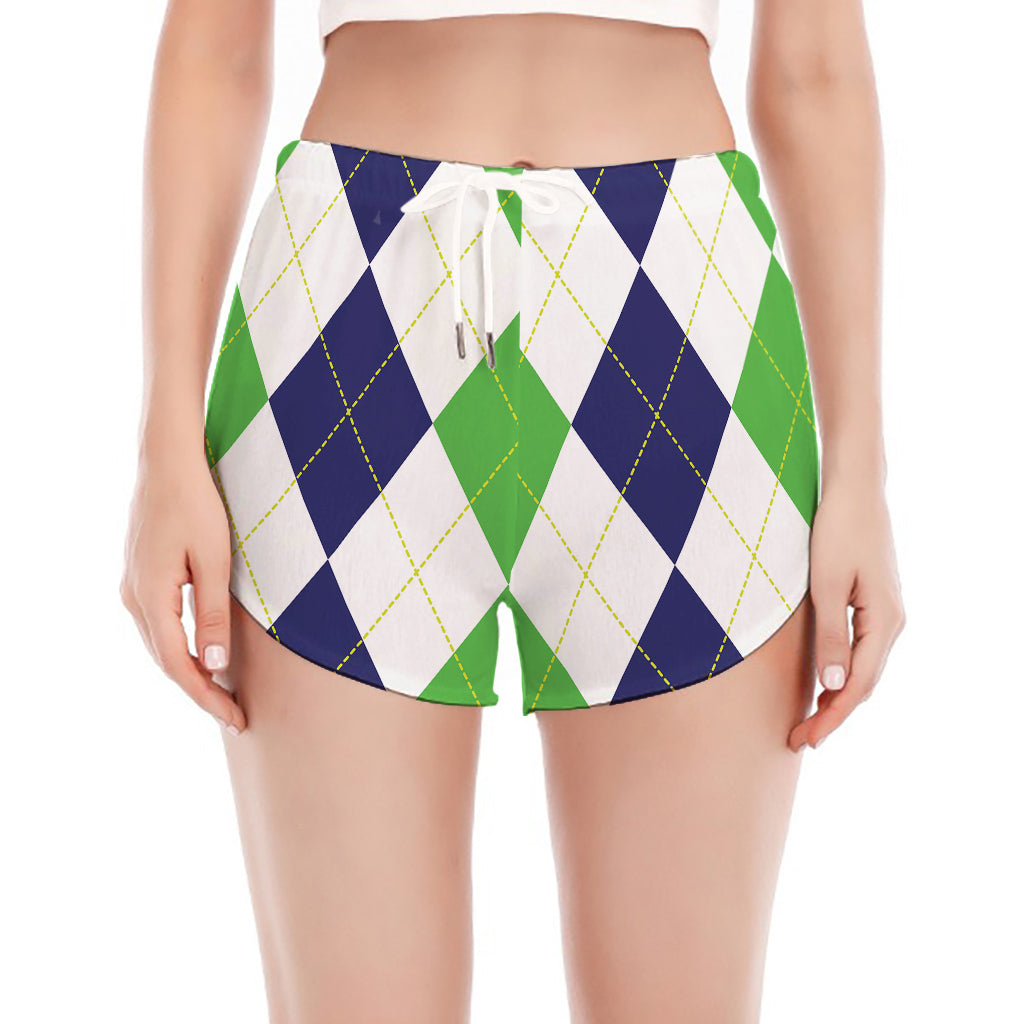 Green White And Navy Argyle Print Women's Split Running Shorts
