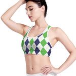 Green White And Navy Argyle Print Women's Sports Bra