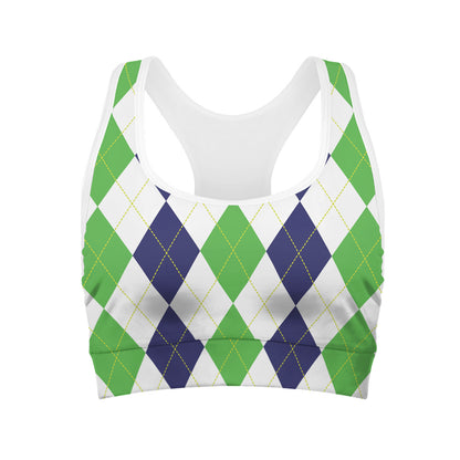 Green White And Navy Argyle Print Women's Sports Bra