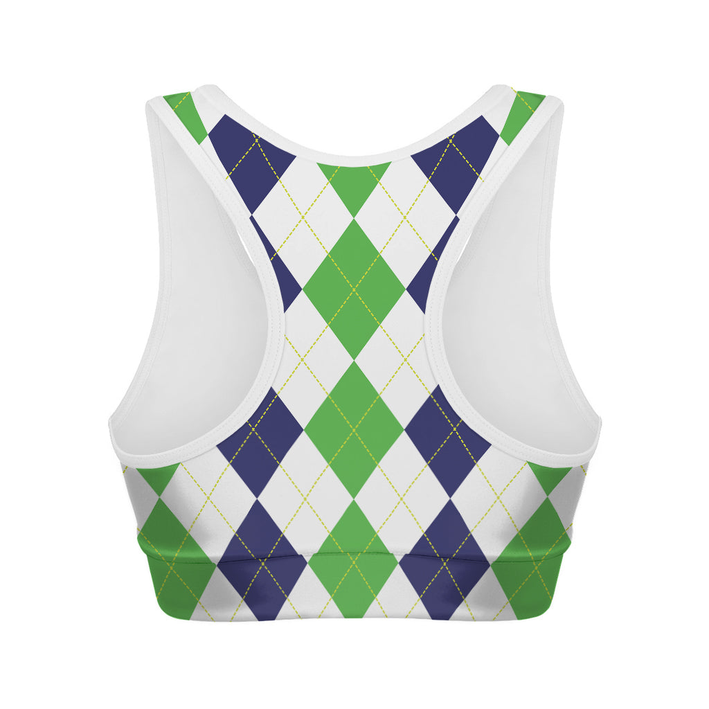 Green White And Navy Argyle Print Women's Sports Bra