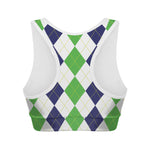 Green White And Navy Argyle Print Women's Sports Bra