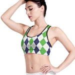 Green White And Navy Argyle Print Women's Sports Bra