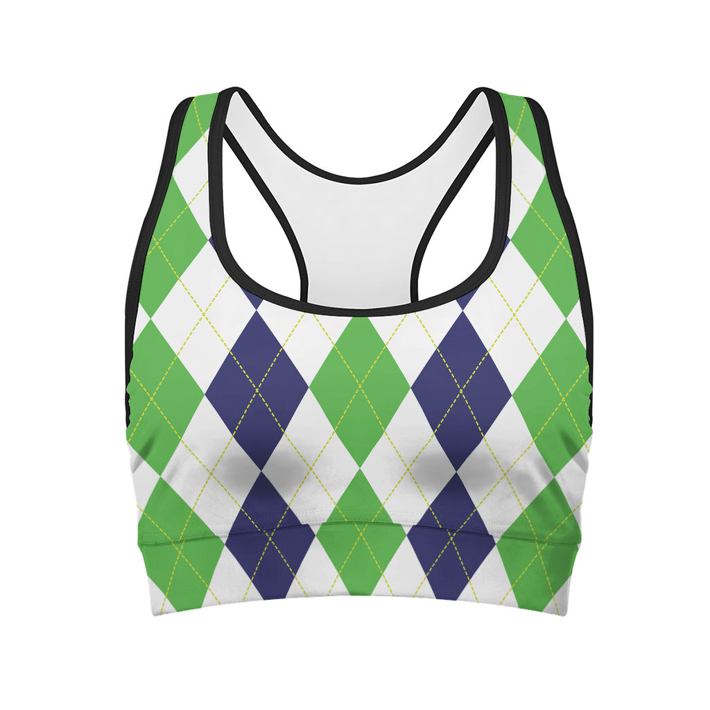 Green White And Navy Argyle Print Women's Sports Bra
