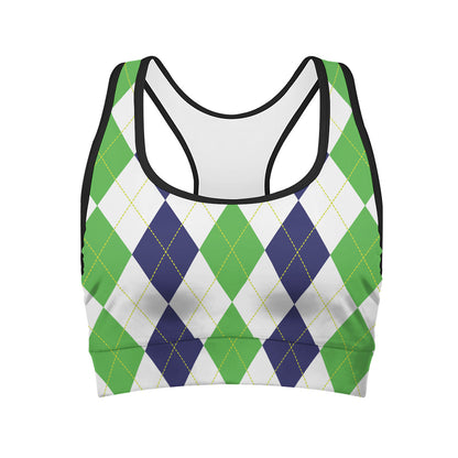 Green White And Navy Argyle Print Women's Sports Bra