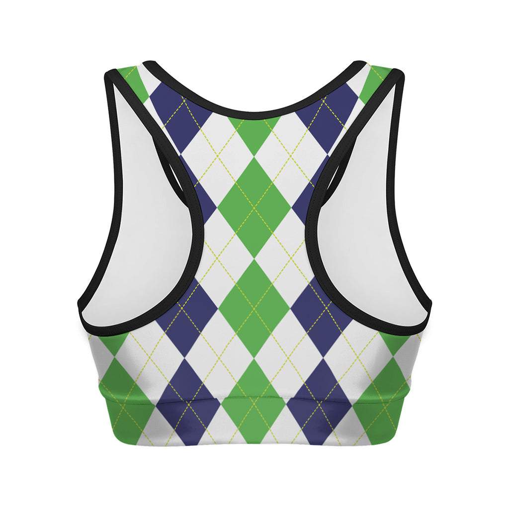 Green White And Navy Argyle Print Women's Sports Bra