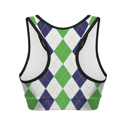 Green White And Navy Argyle Print Women's Sports Bra