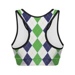 Green White And Navy Argyle Print Women's Sports Bra