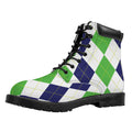 Green White And Navy Argyle Print Padded Collar Lace Up Boots
