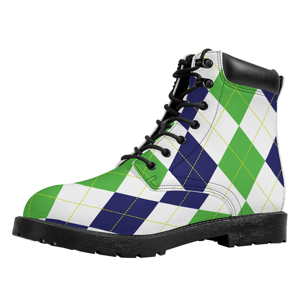 Green White And Navy Argyle Print Work Boots