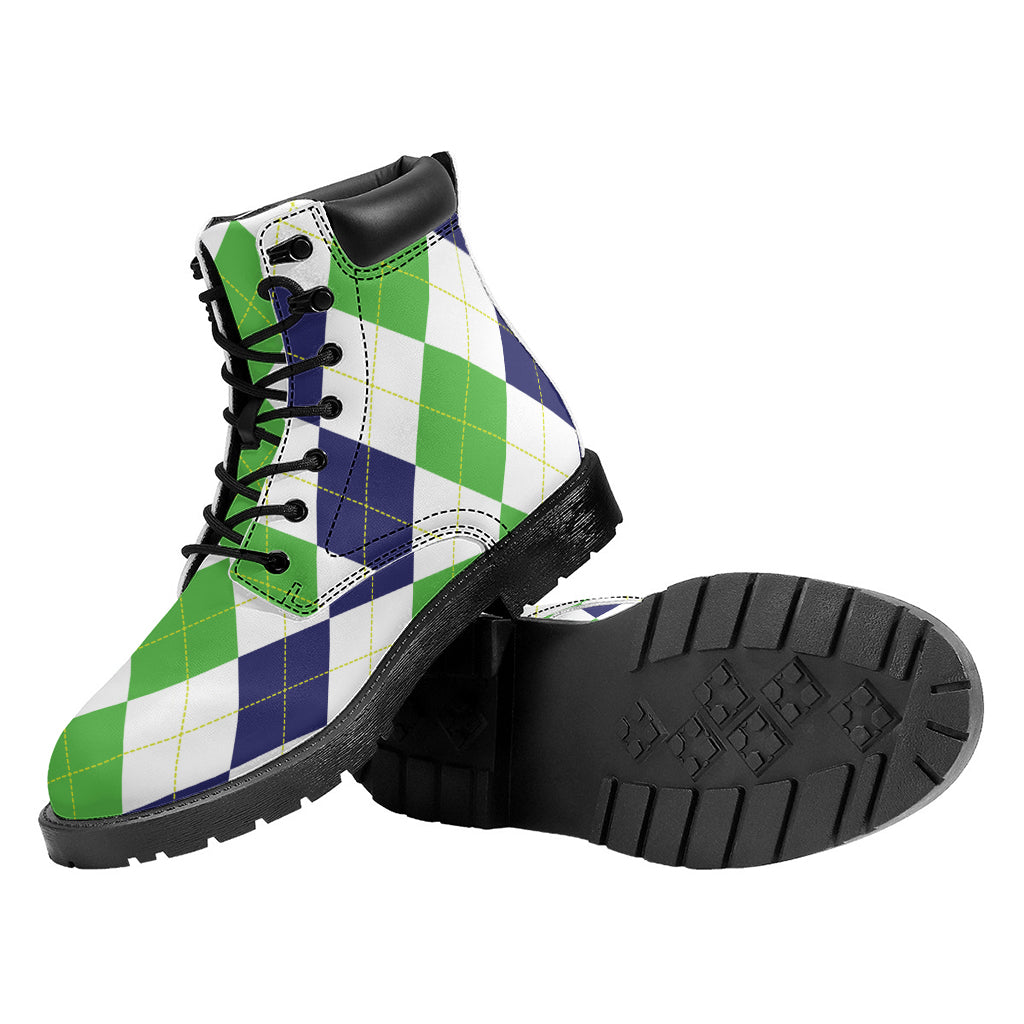 Green White And Navy Argyle Print Work Boots