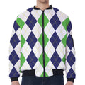 Green White And Navy Argyle Print Zip Sleeve Bomber Jacket