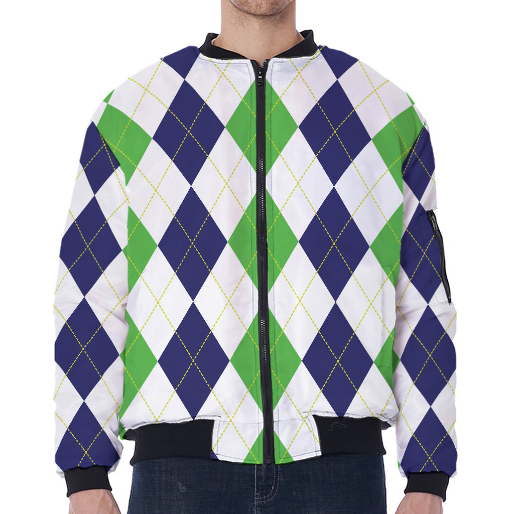 Green White And Navy Argyle Print Zip Sleeve Bomber Jacket