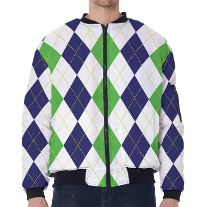 Green White And Navy Argyle Print Zip Sleeve Bomber Jacket