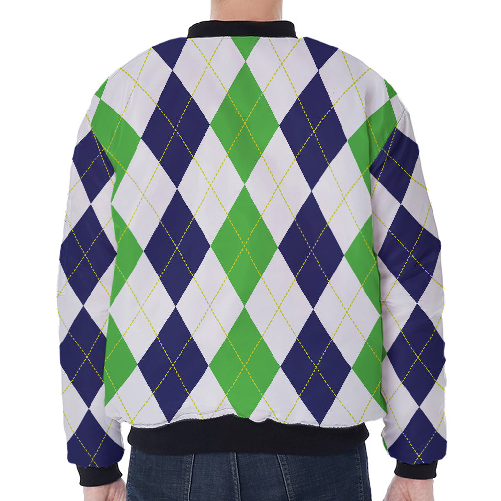 Green White And Navy Argyle Print Zip Sleeve Bomber Jacket