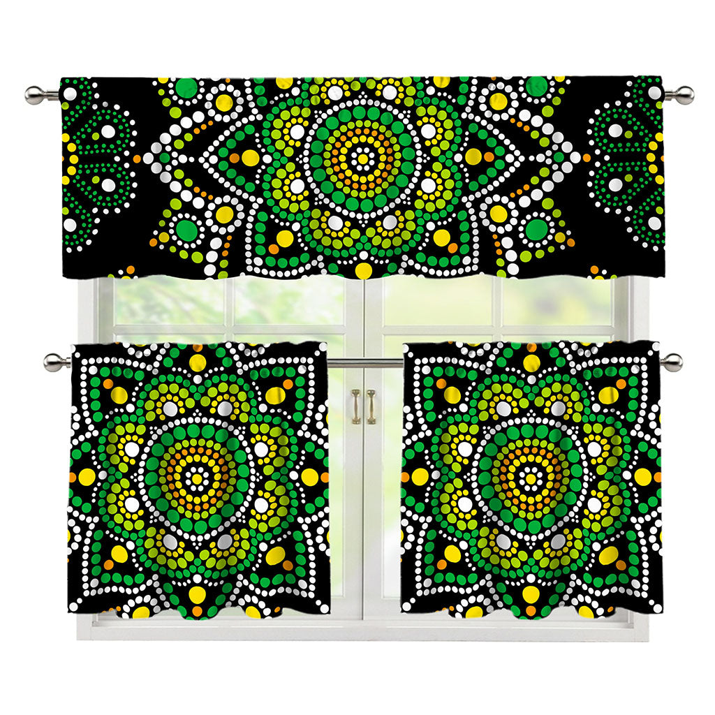 Green White Dot Mandala Print 3 Piece Kitchen Curtains