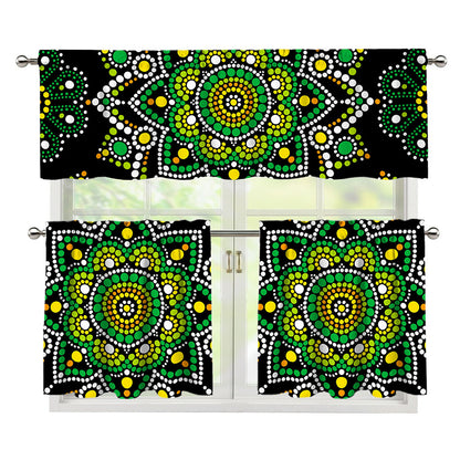 Green White Dot Mandala Print 3 Piece Kitchen Curtains