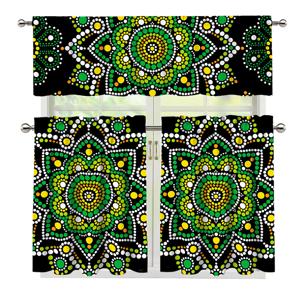 Green White Dot Mandala Print 3 Piece Kitchen Curtains