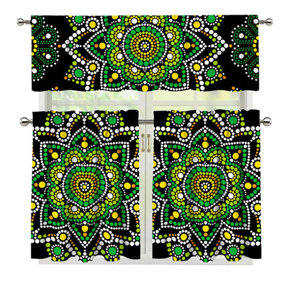 Green White Dot Mandala Print 3 Piece Kitchen Curtains
