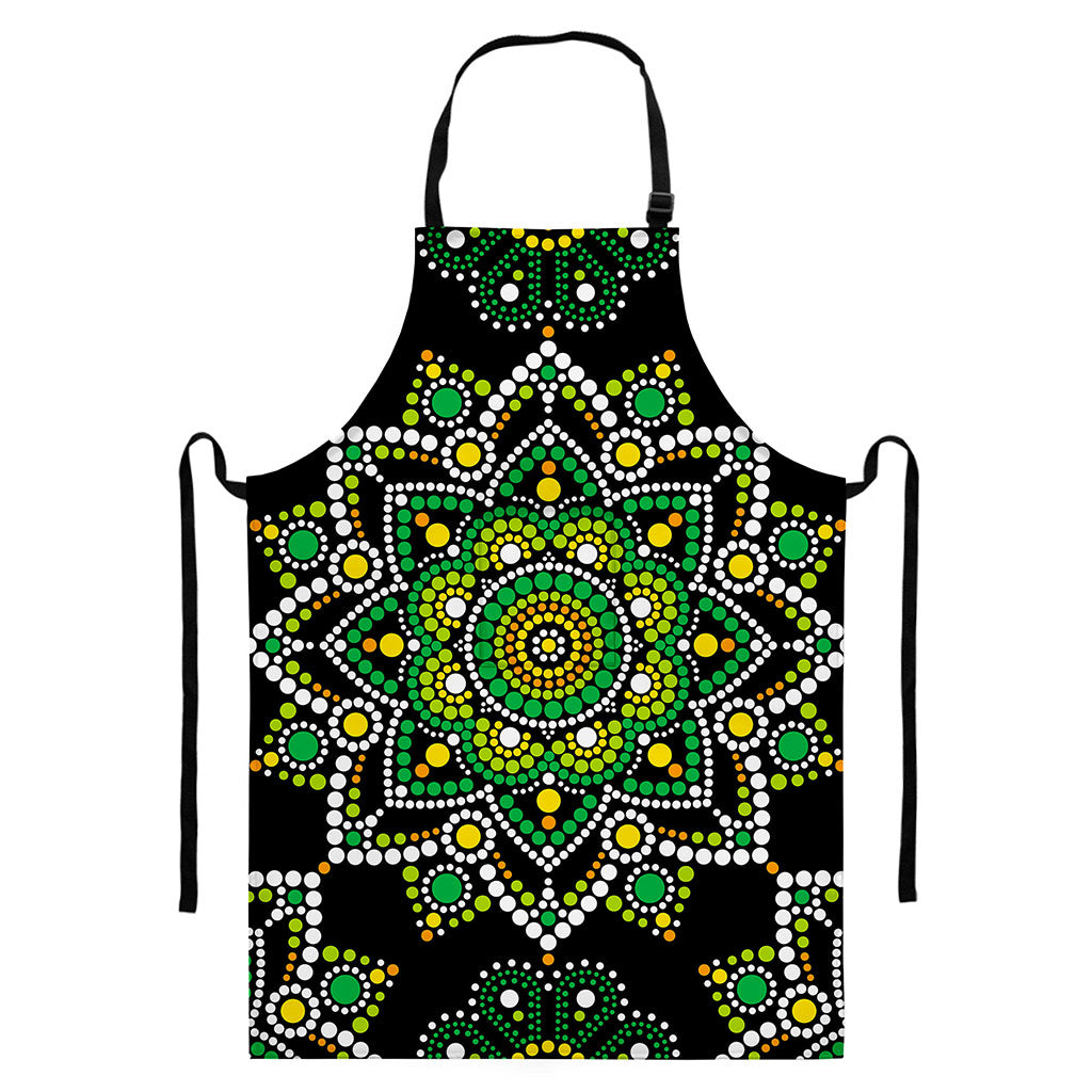 Green White Dot Mandala Print Bib Apron With Pocket