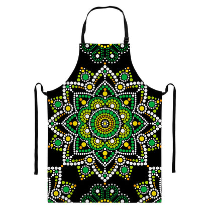Green White Dot Mandala Print Bib Apron With Pocket