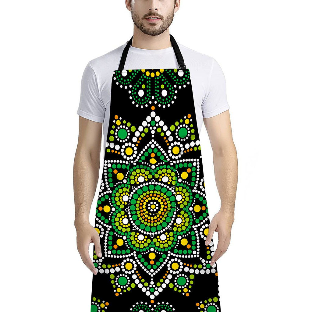Green White Dot Mandala Print Bib Apron With Pocket