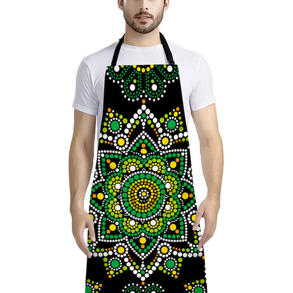 Green White Dot Mandala Print Bib Apron With Pocket