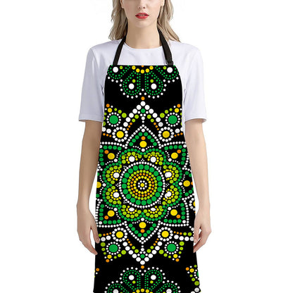 Green White Dot Mandala Print Bib Apron With Pocket