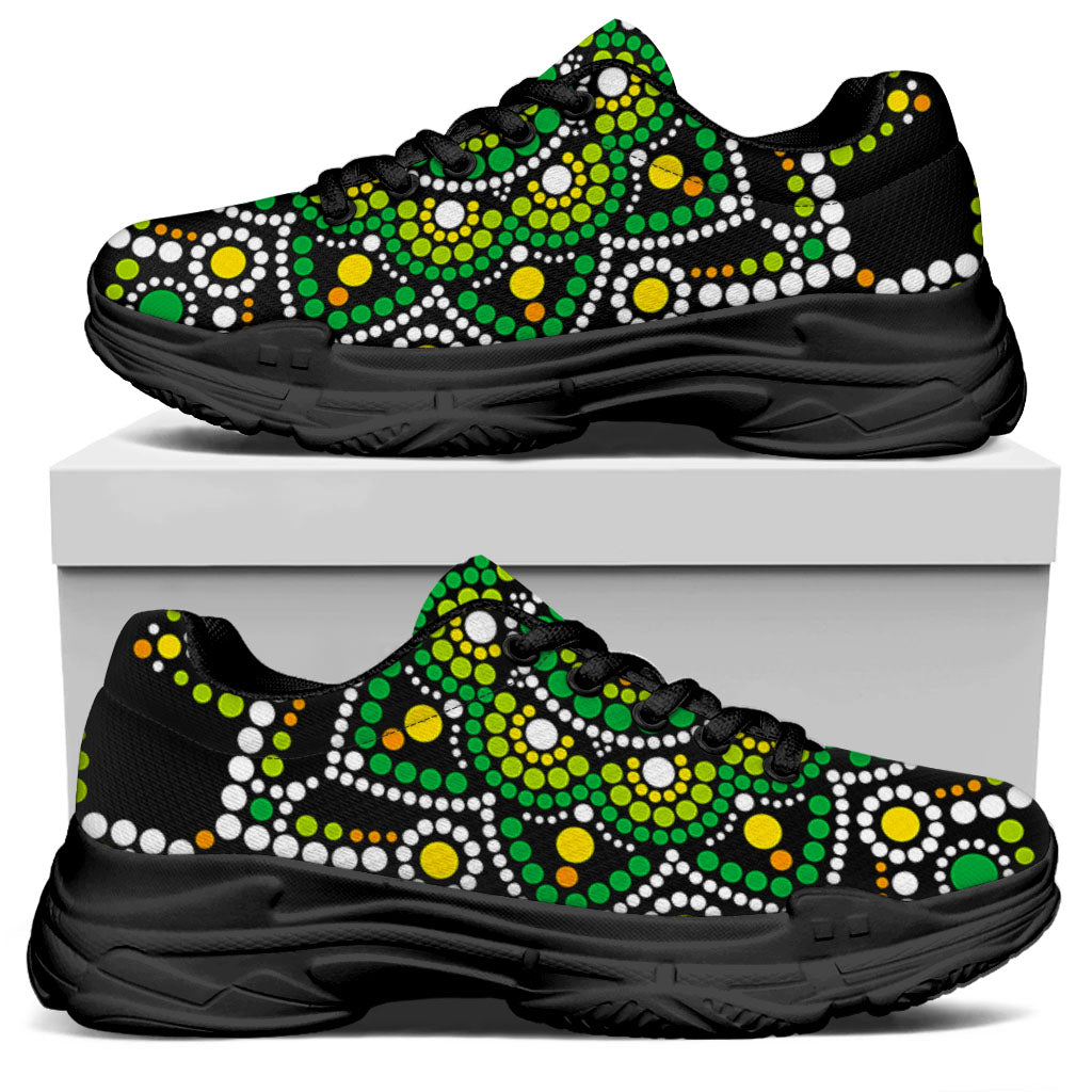 Green White Dot Mandala Print Black Chunky Shoes