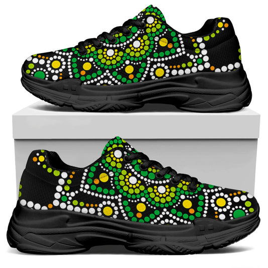 Green White Dot Mandala Print Black Chunky Shoes