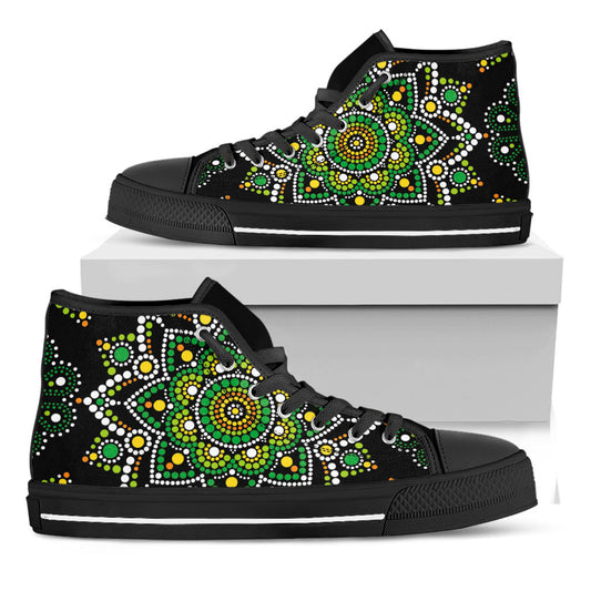 Green White Dot Mandala Print Black High Top Sneakers