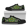 Green White Dot Mandala Print Black Low Top Sneakers
