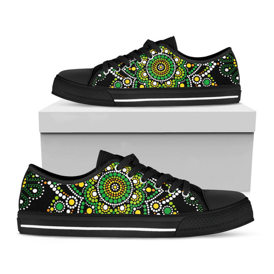 Green White Dot Mandala Print Black Low Top Sneakers