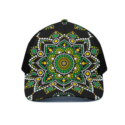 Green White Dot Mandala Print Black Mesh Trucker Cap