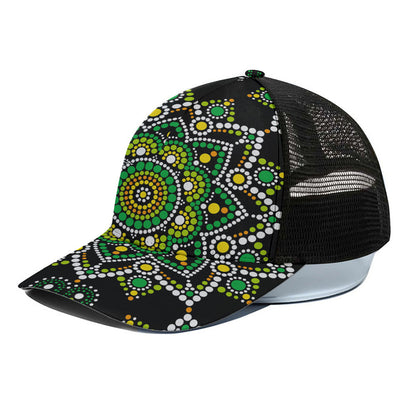 Green White Dot Mandala Print Black Mesh Trucker Cap