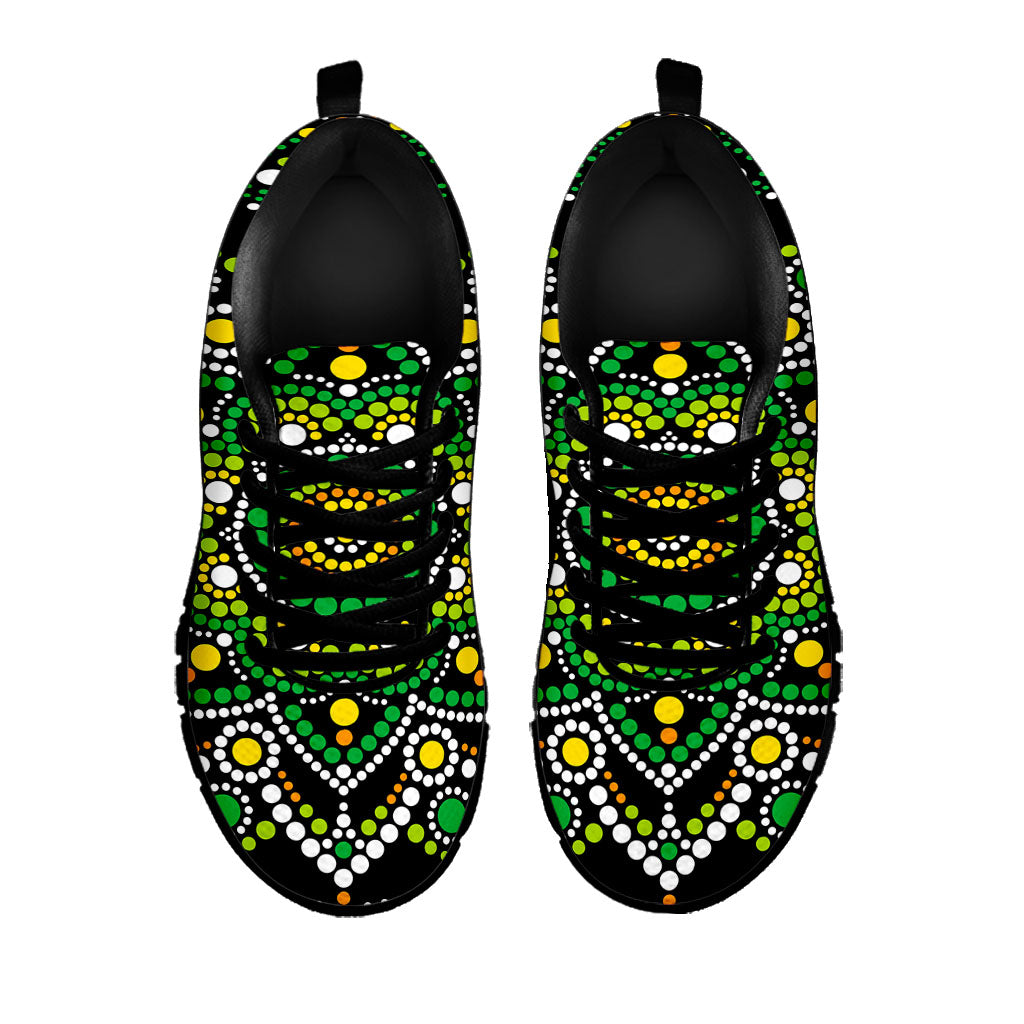 Green White Dot Mandala Print Black Running Shoes