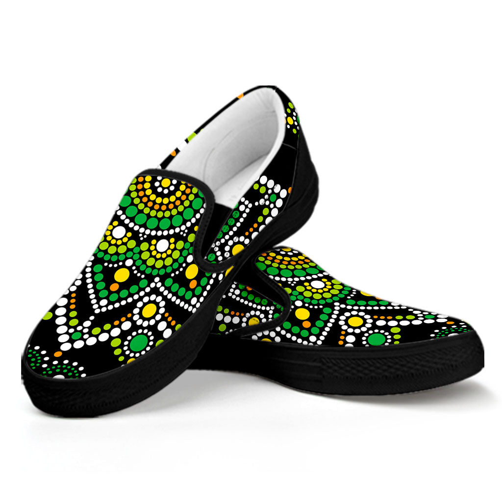 Green White Dot Mandala Print Black Slip On Sneakers