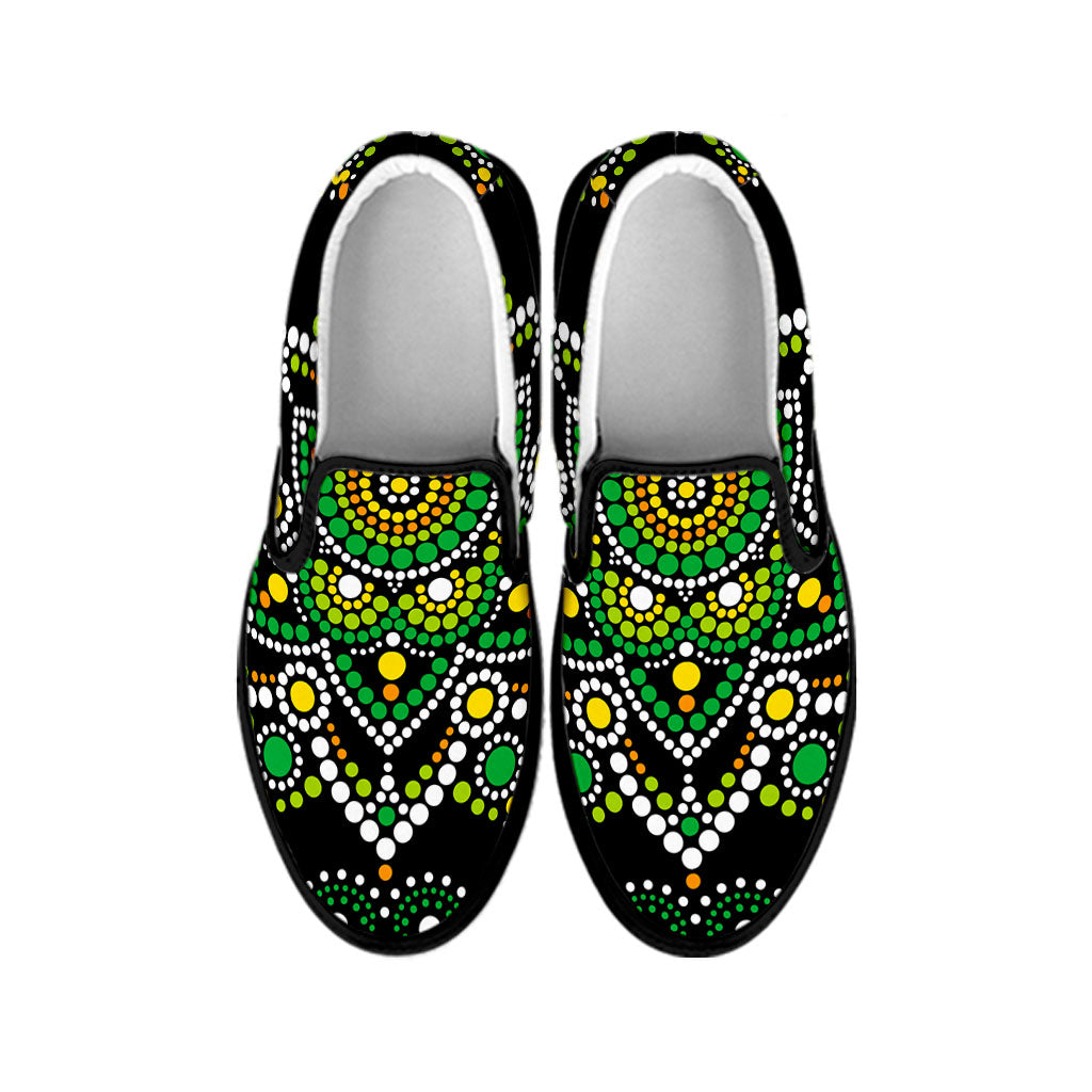 Green White Dot Mandala Print Black Slip On Sneakers