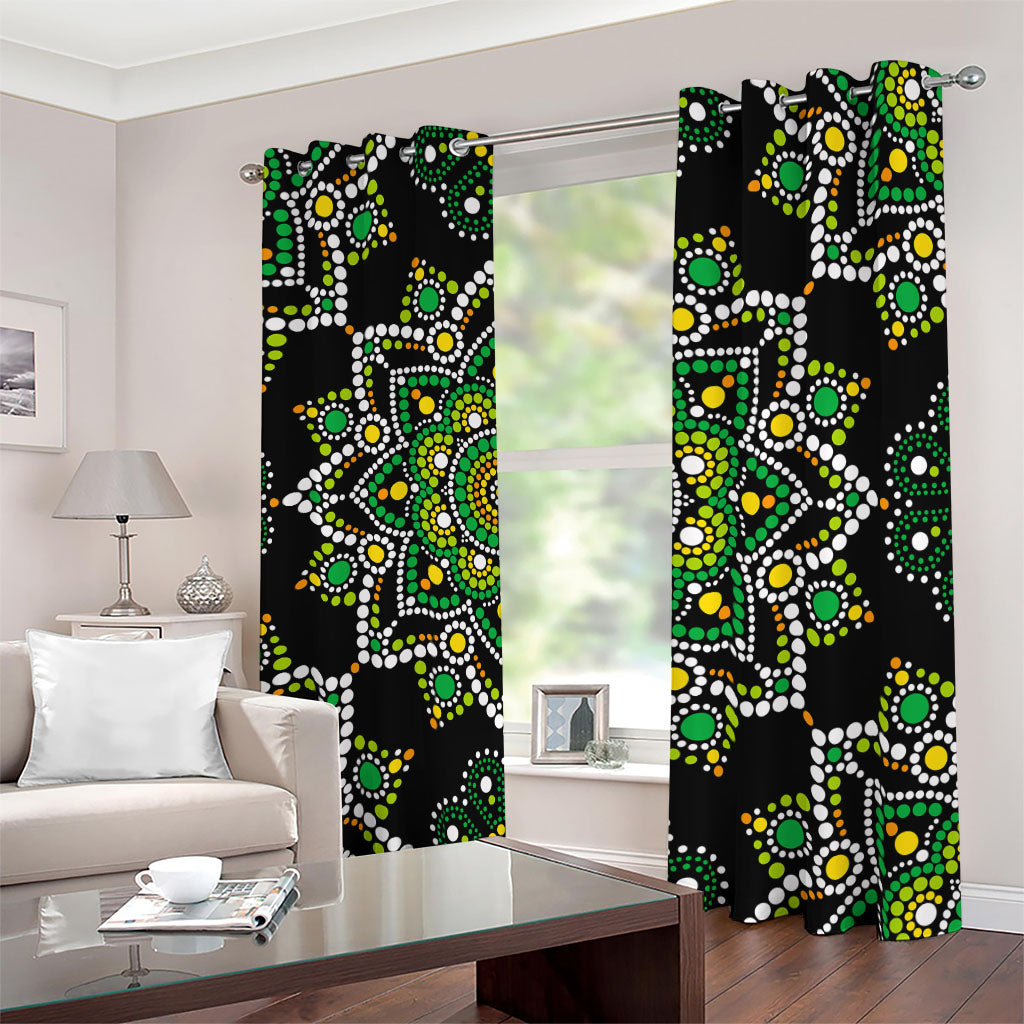 Green White Dot Mandala Print Blackout Grommet Curtains