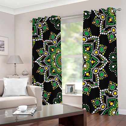 Green White Dot Mandala Print Blackout Grommet Curtains