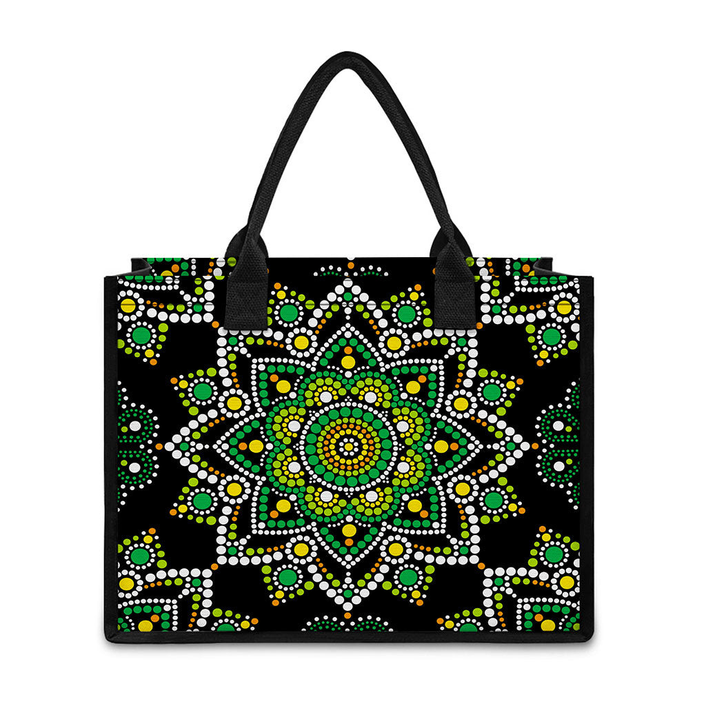 Green White Dot Mandala Print Canvas Tote Bag