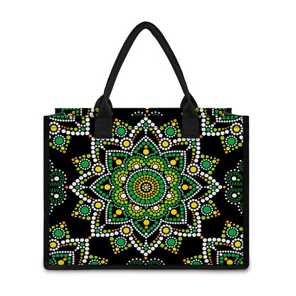 Green White Dot Mandala Print Canvas Tote Bag
