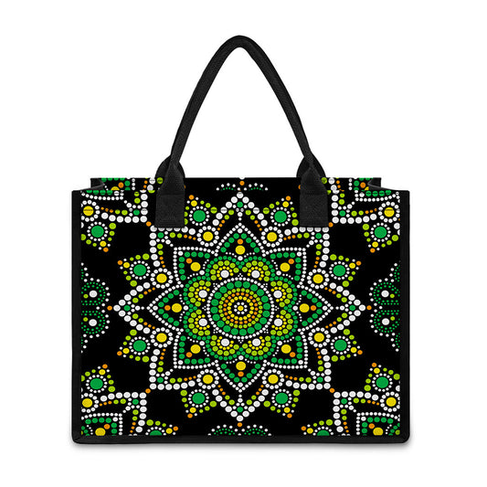 Green White Dot Mandala Print Canvas Tote Bag